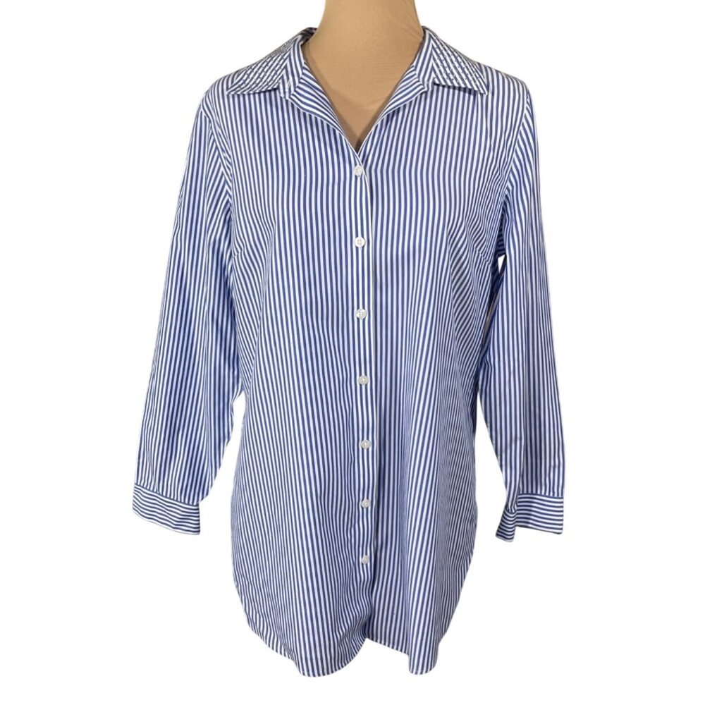 Chico's No-Iron Shirt Size M Medium (1) Blue White Stripe Rhinestone Collar